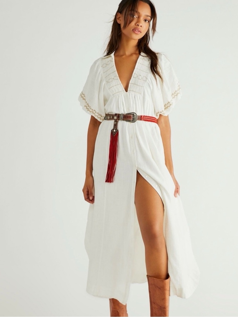 Free People Cream Crochet-Trim Button-Down Beach Coverup Dress